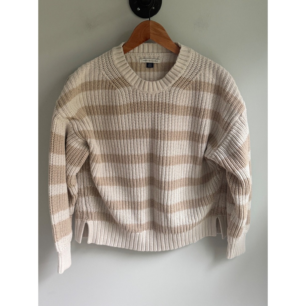 American Eagle Striped Shaker Knit Sweater Womens Small Tan Cream‎ Crewneck Slit